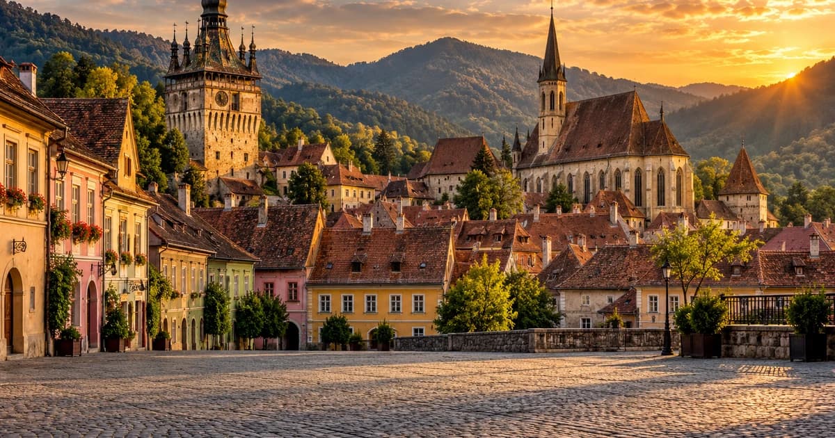 Illustration of a Transylvanian old town with a clock tower and red roofs below the Carpathian mountains