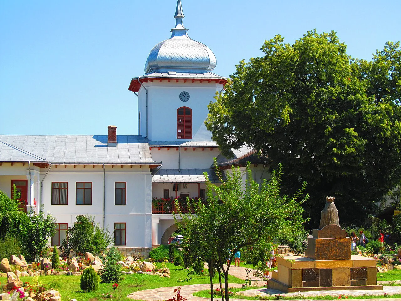 The bell tower and gardens of Agapia Monastery, Neamț County.