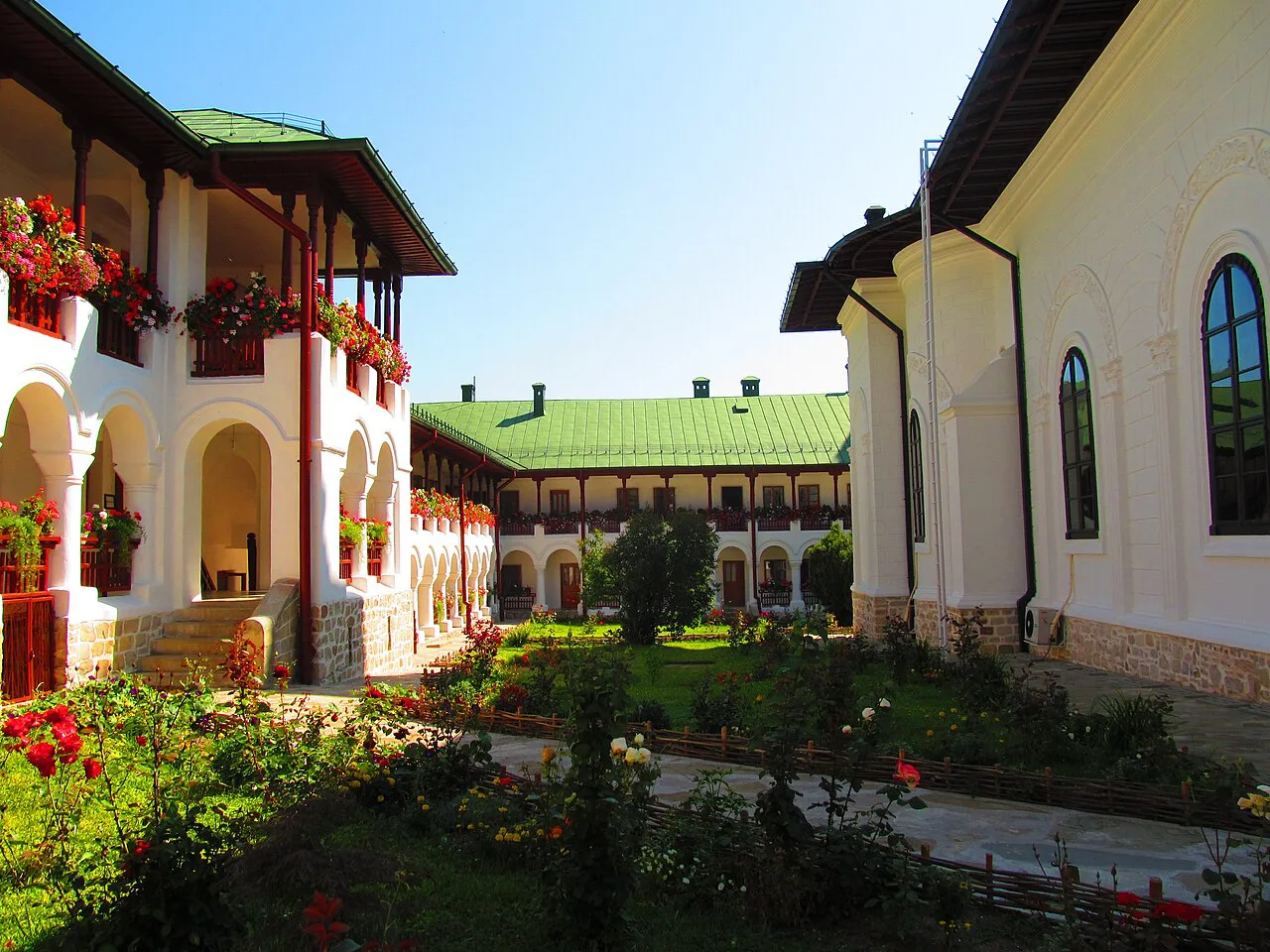The cloister galleries and gardens of Agapia Monastery, Neamț County.