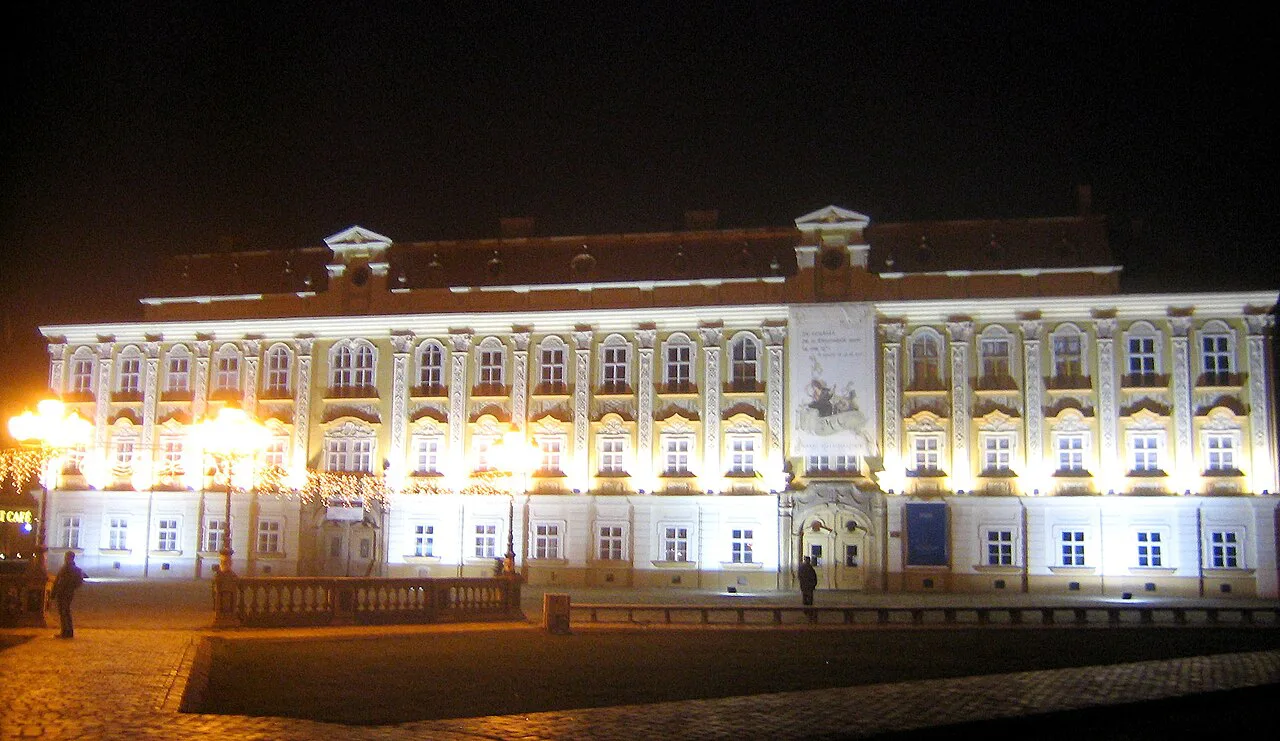 The Baroque Palace housing the Timișoara Art Museum at night.