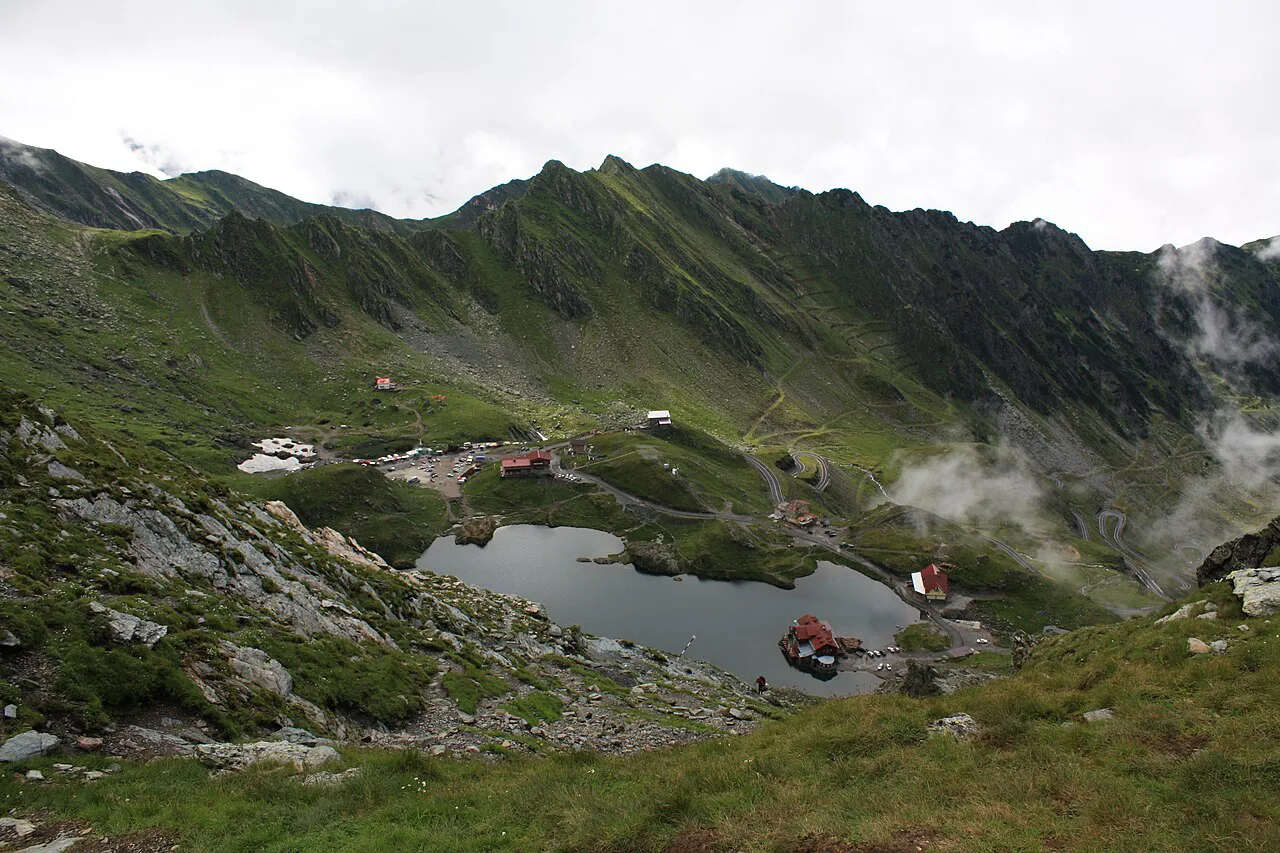 Bâlea Lake seen from above in the Făgăraș Mountains.