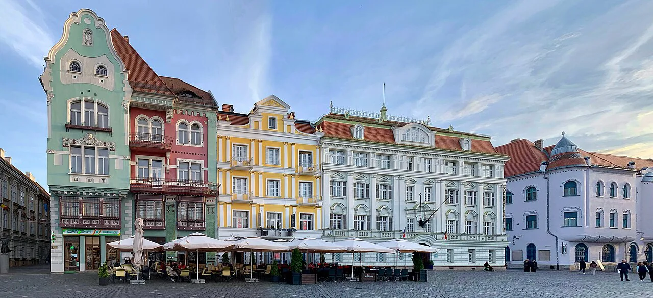 Colourful façades on Piața Unirii in Timișoara.