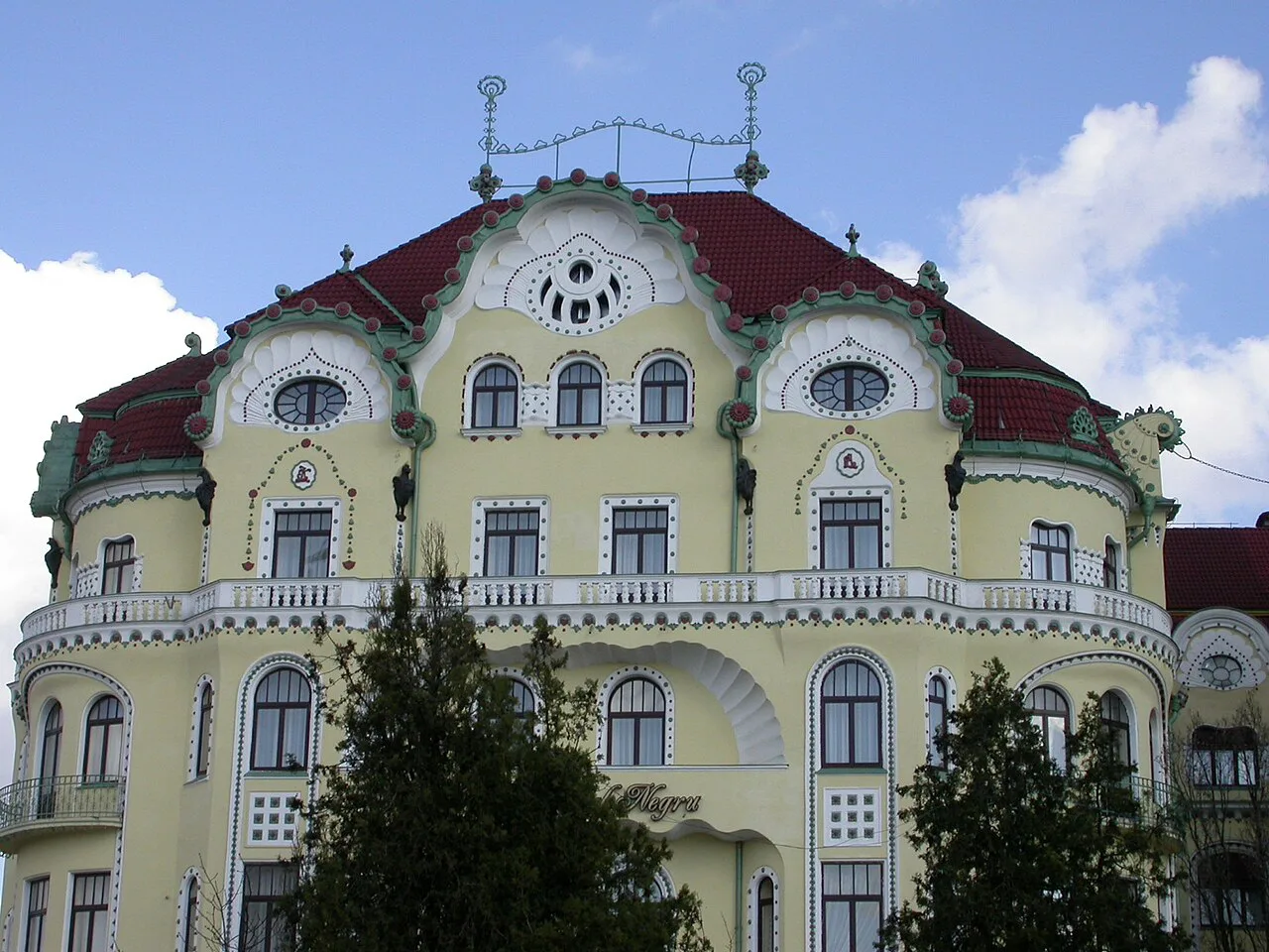 The Art Nouveau façade of the Black Eagle Palace in Oradea.