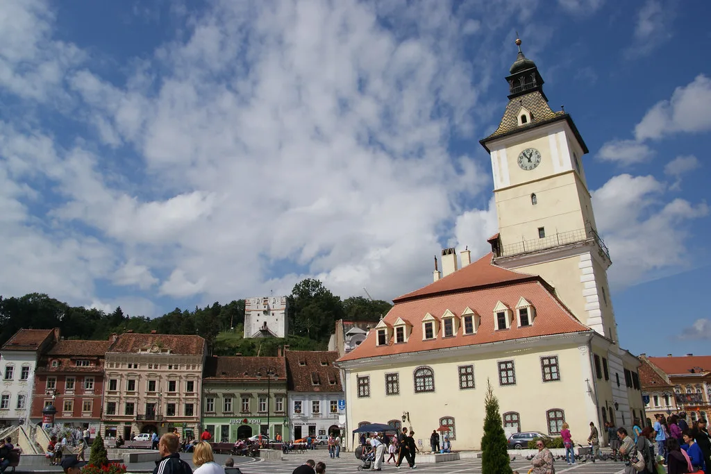 The Council House with the White Tower behind, in Brașov.