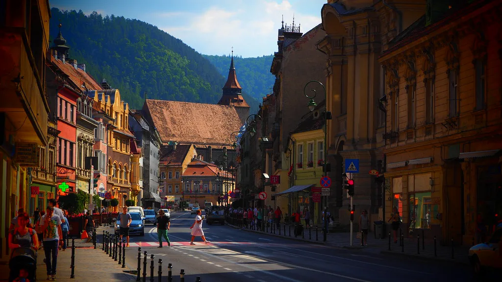 A Brașov street leading to the Black Church.