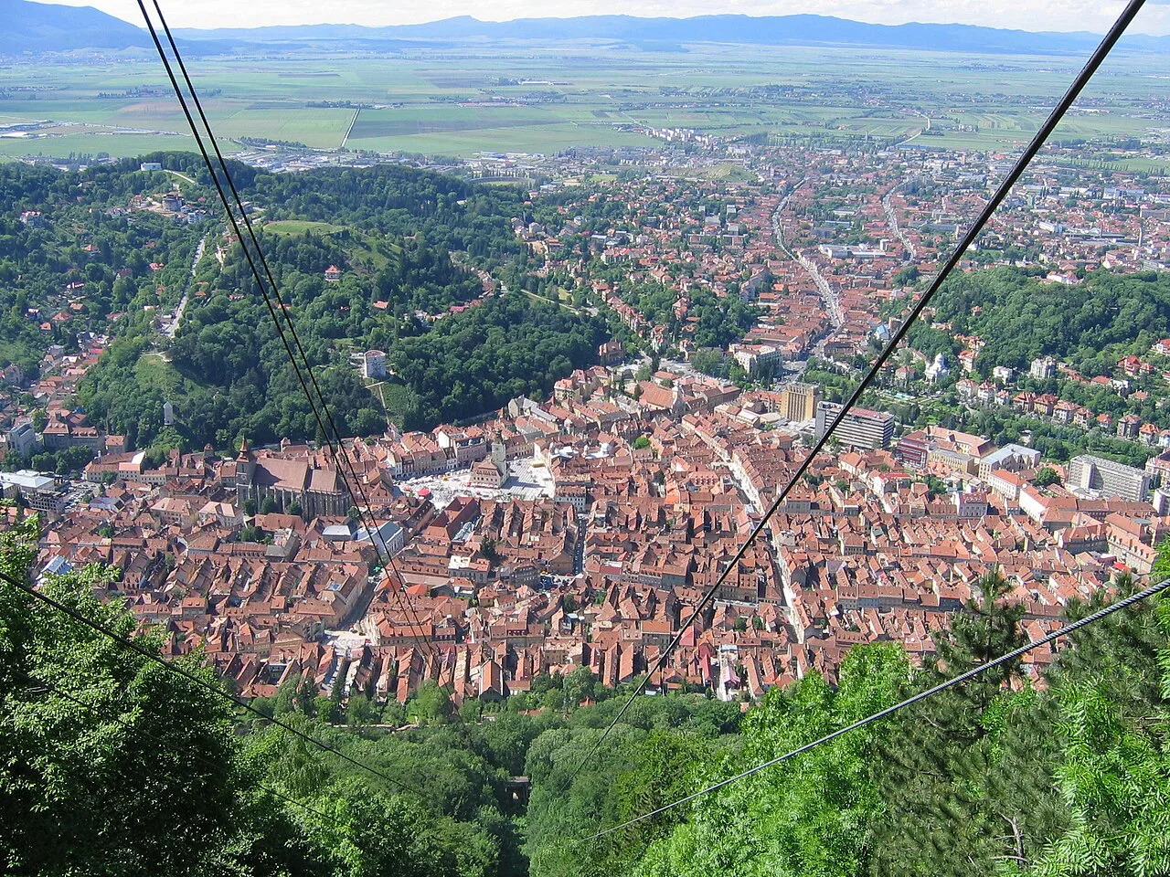 Brașov's old town seen from the Tâmpa cable car.