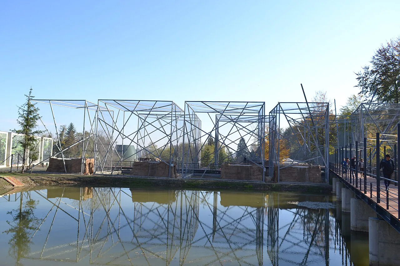 Aviaries reflected in a pond at Brașov Zoo.