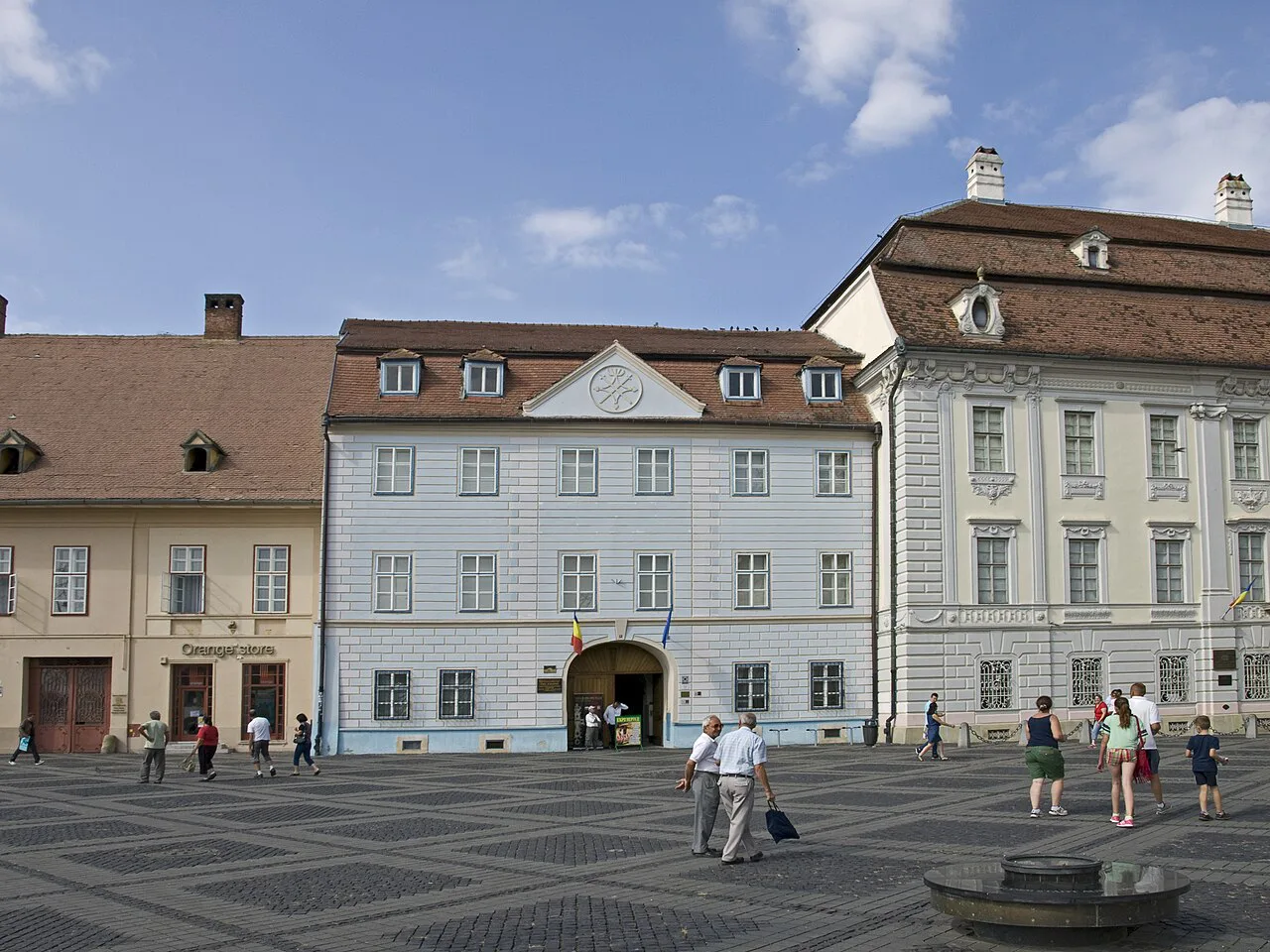 The Blue House and the Brukenthal Palace on Piața Mare, Sibiu.