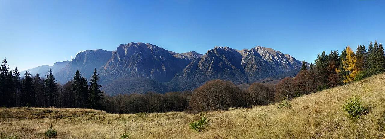 The Bucegi Mountains above autumn meadows.