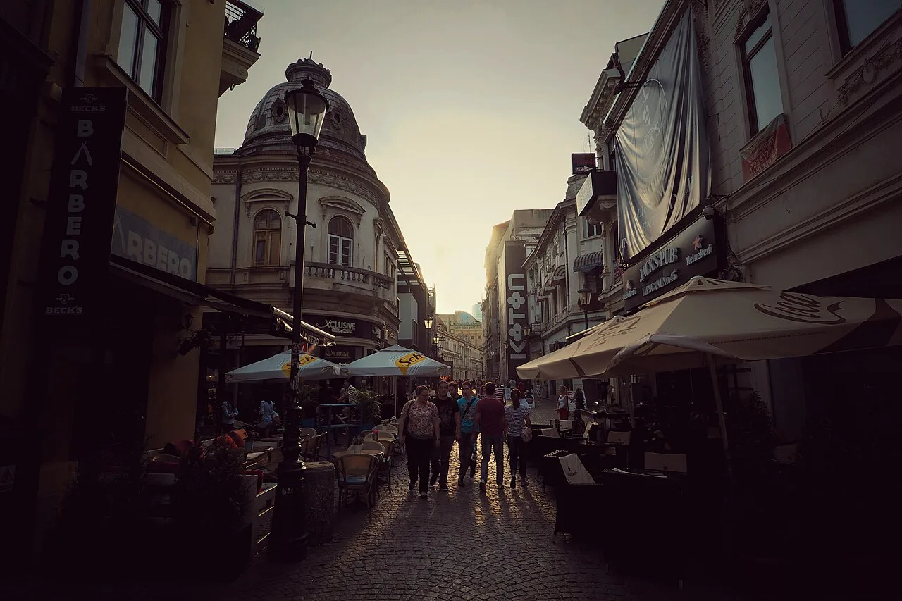Sunset over Strada Lipscani in Bucharest's Old Town.
