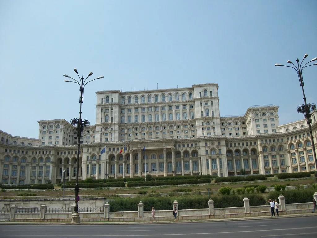 The Palace of the Parliament from Bulevardul Unirii, Bucharest.