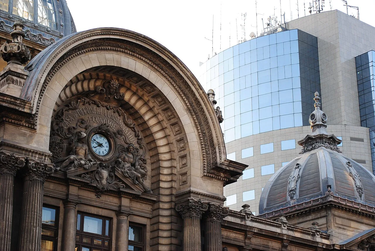 The CEC Palace in front of Bucharest Financial Plaza.