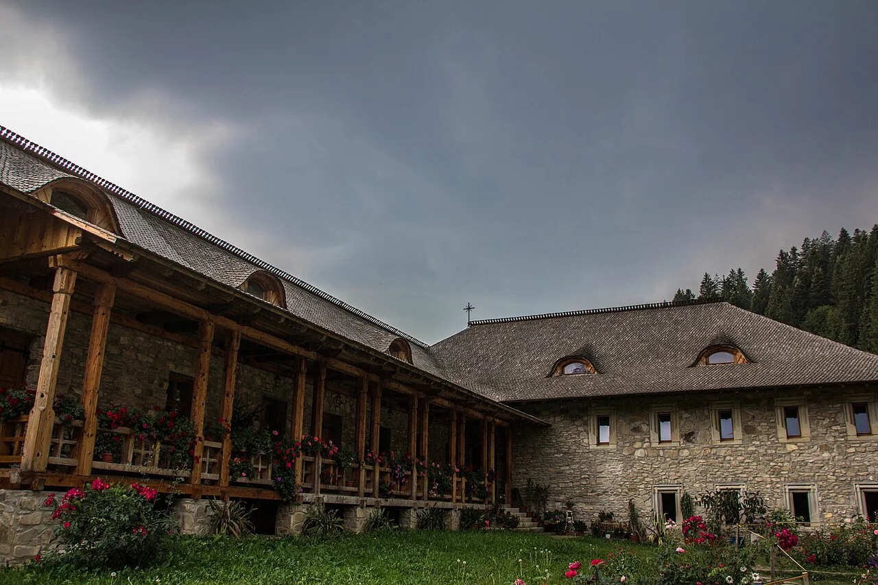 Wooden-galleried monastic buildings at Voroneț Monastery.
