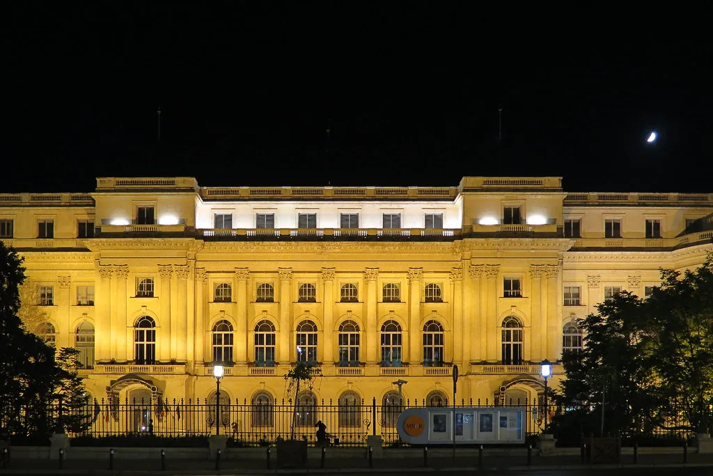 The former Royal Palace, Bucharest, lit at night.