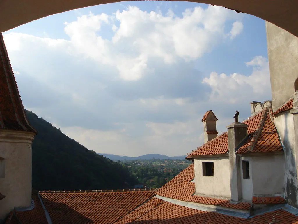 View from a window of Bran Castle over its rooftops.