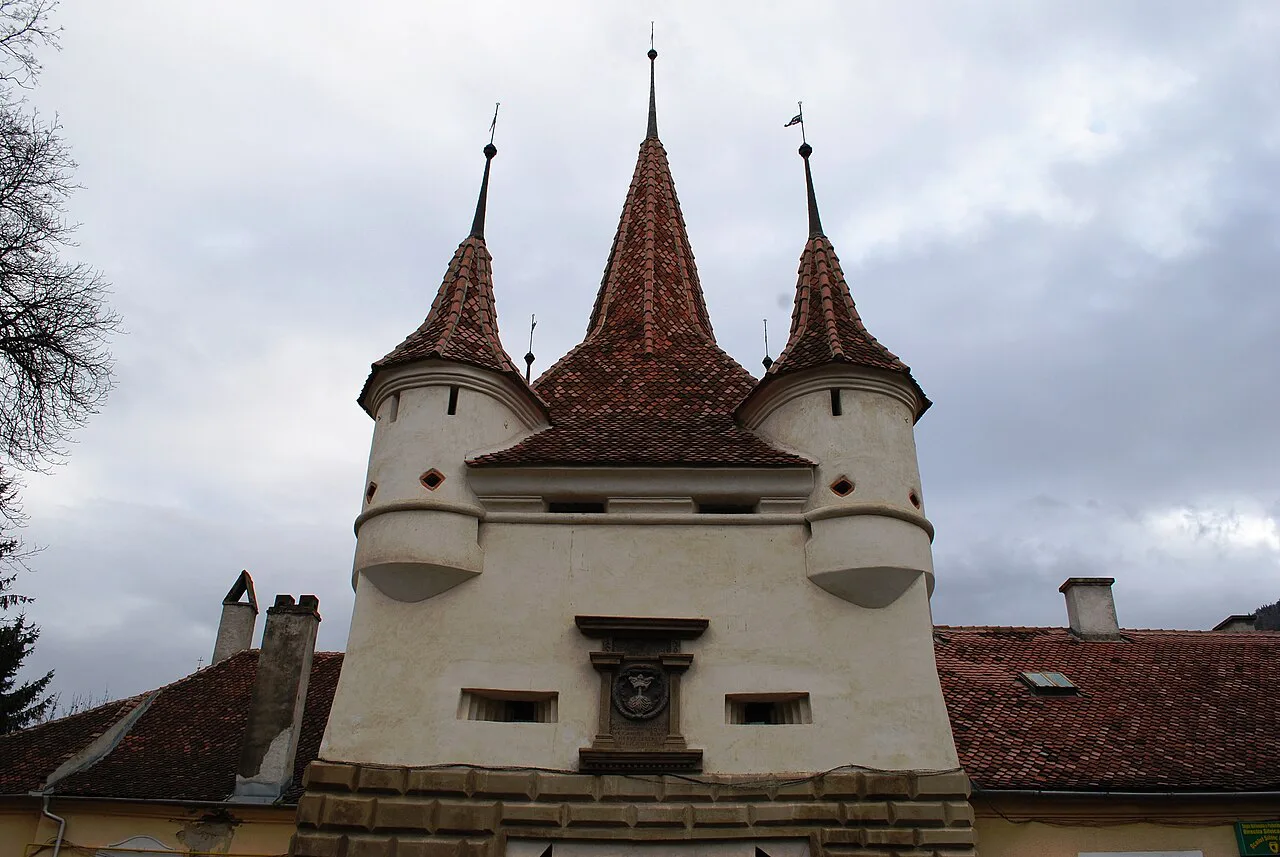 The corner turrets of Catherine's Gate in Brașov.