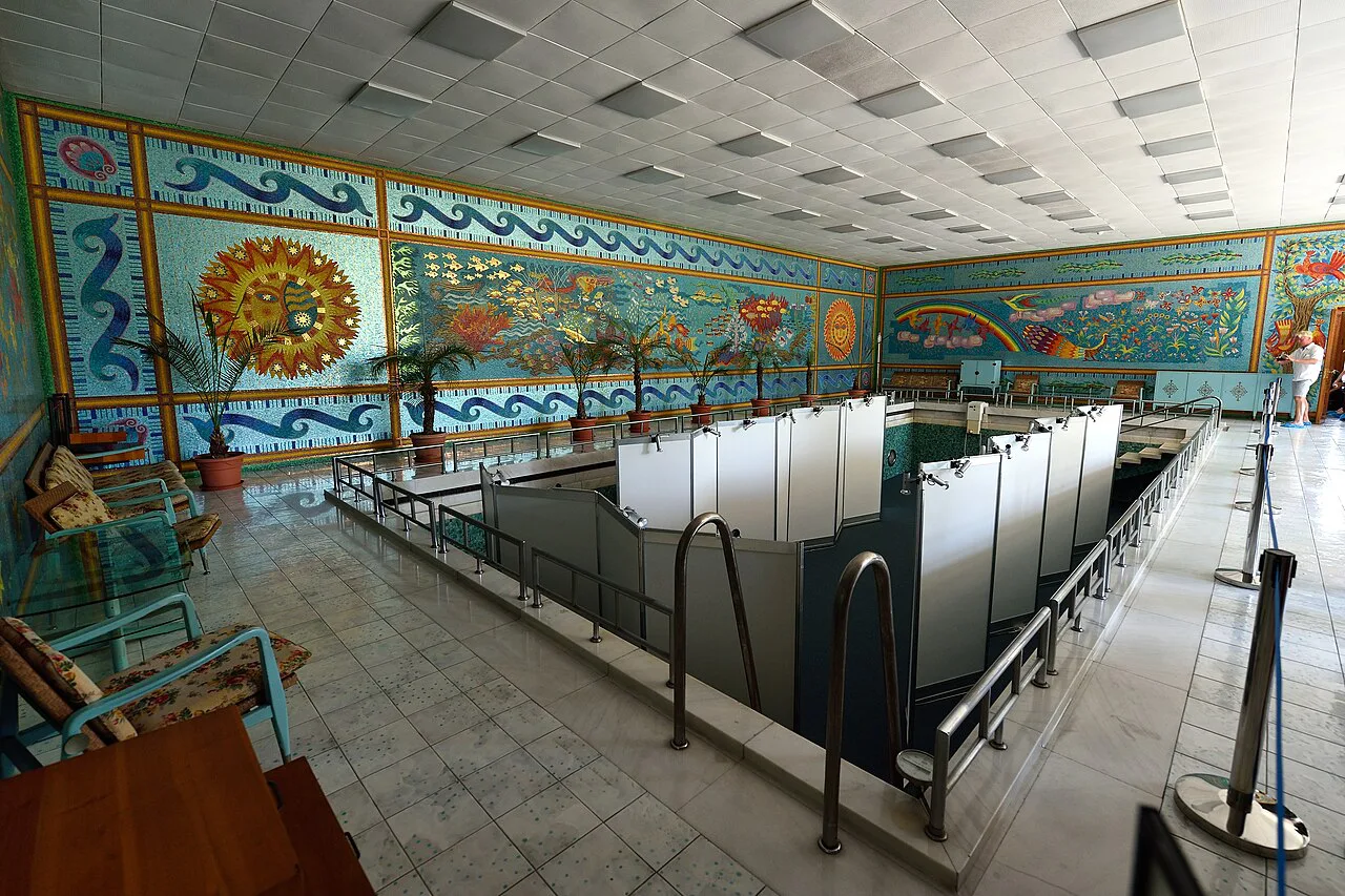 Mosaic-lined indoor swimming pool in the Spring Palace (Palatul Primăverii), Bucharest.