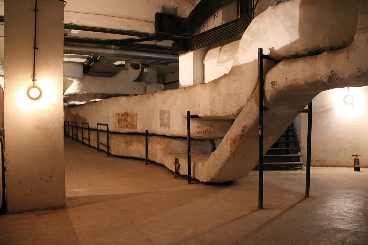 Underground corridor beneath the Palace of the Parliament in Bucharest.