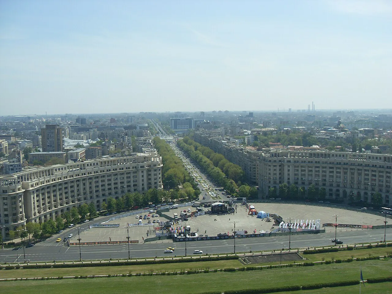 Bucharest's Constitution Square seen from the roof of the Palace of the Parliament.