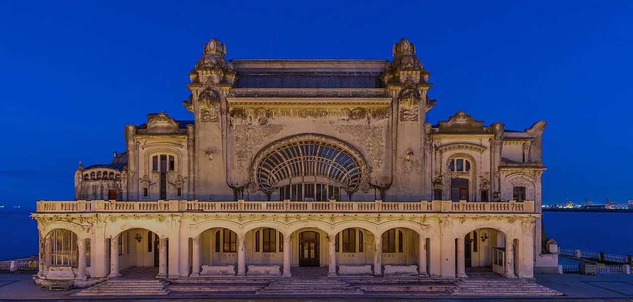 Constanța Casino on the Black Sea at blue hour.