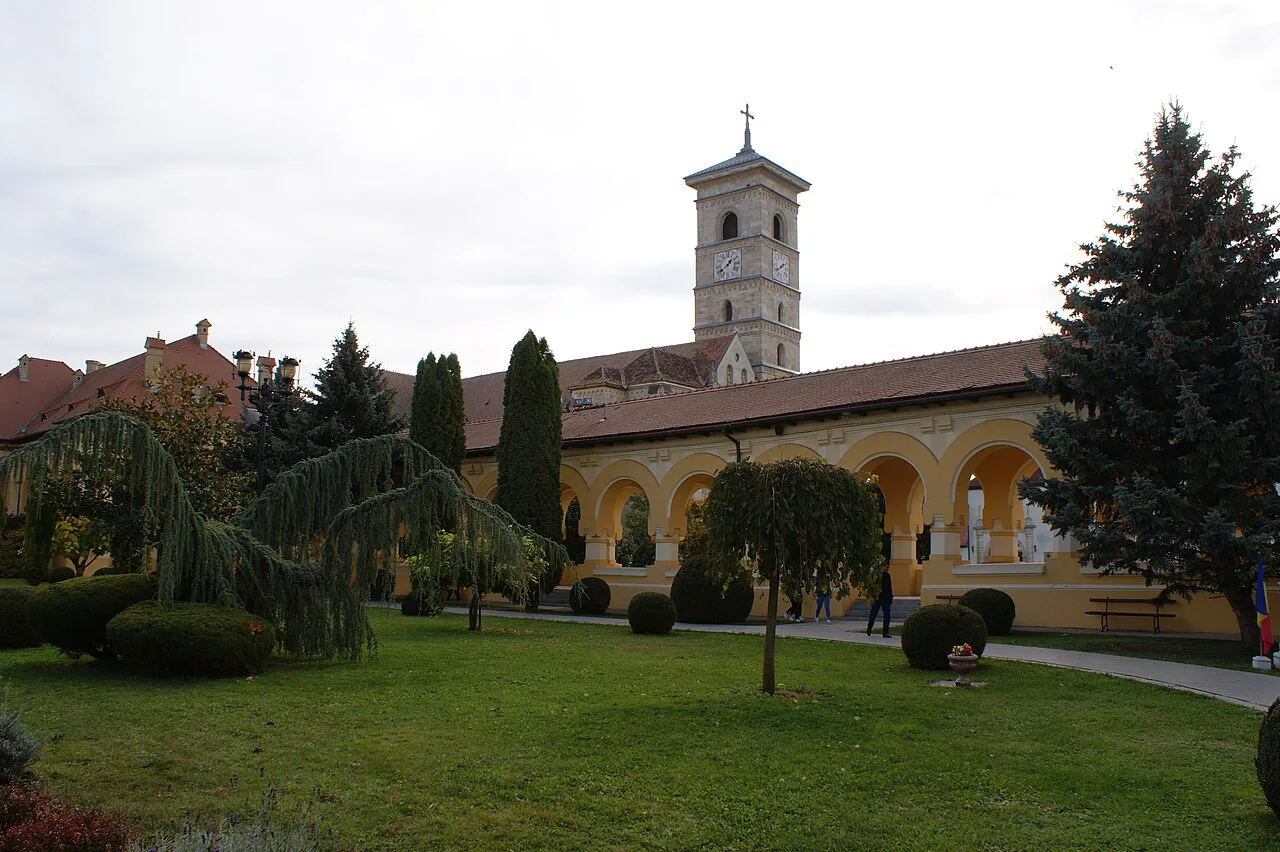 The bell tower and arcades of the Coronation Cathedral in Alba Iulia.