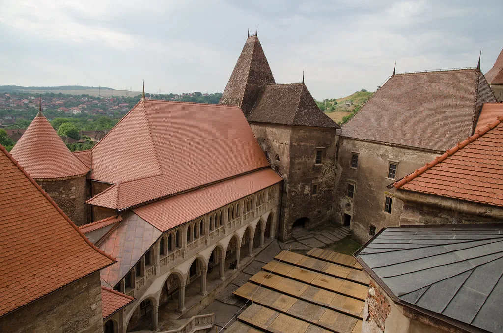 Courtyard and roofs of Corvin Castle in Hunedoara.