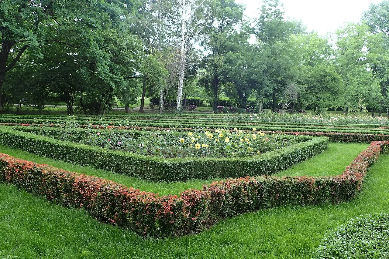 Formal flower beds in the Craiova Botanical Garden.
