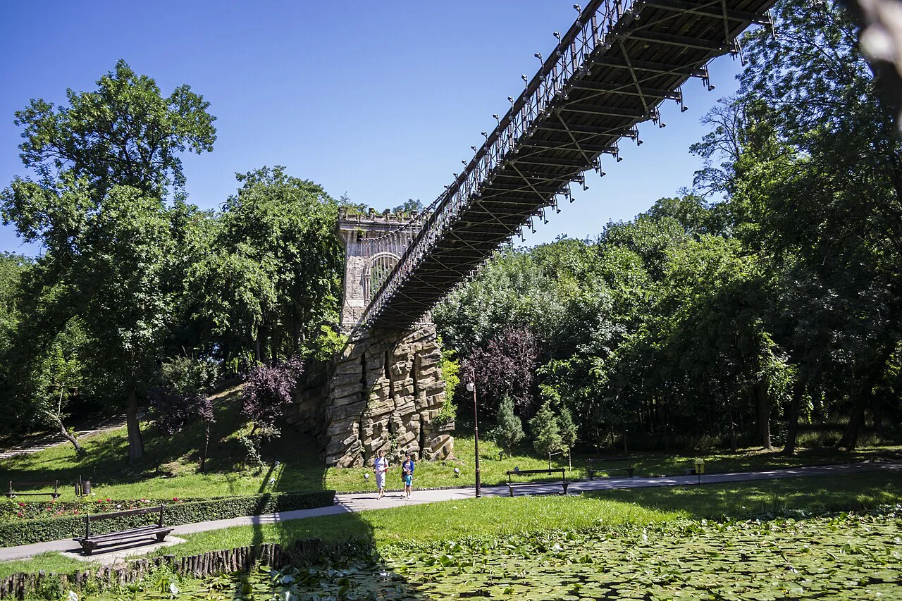 The suspension bridge in Nicolae Romanescu Park, Craiova.