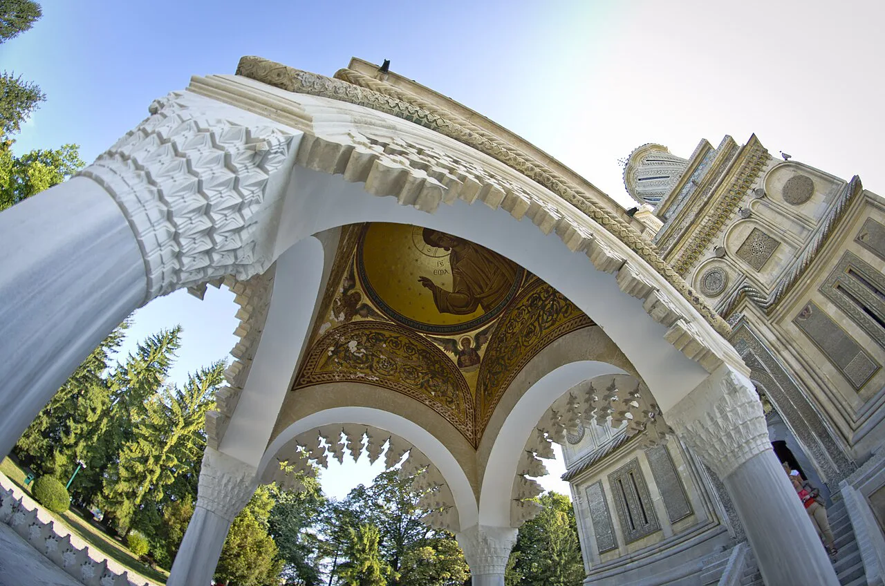 Holy water pavilion in front of Curtea de Argeș Monastery.