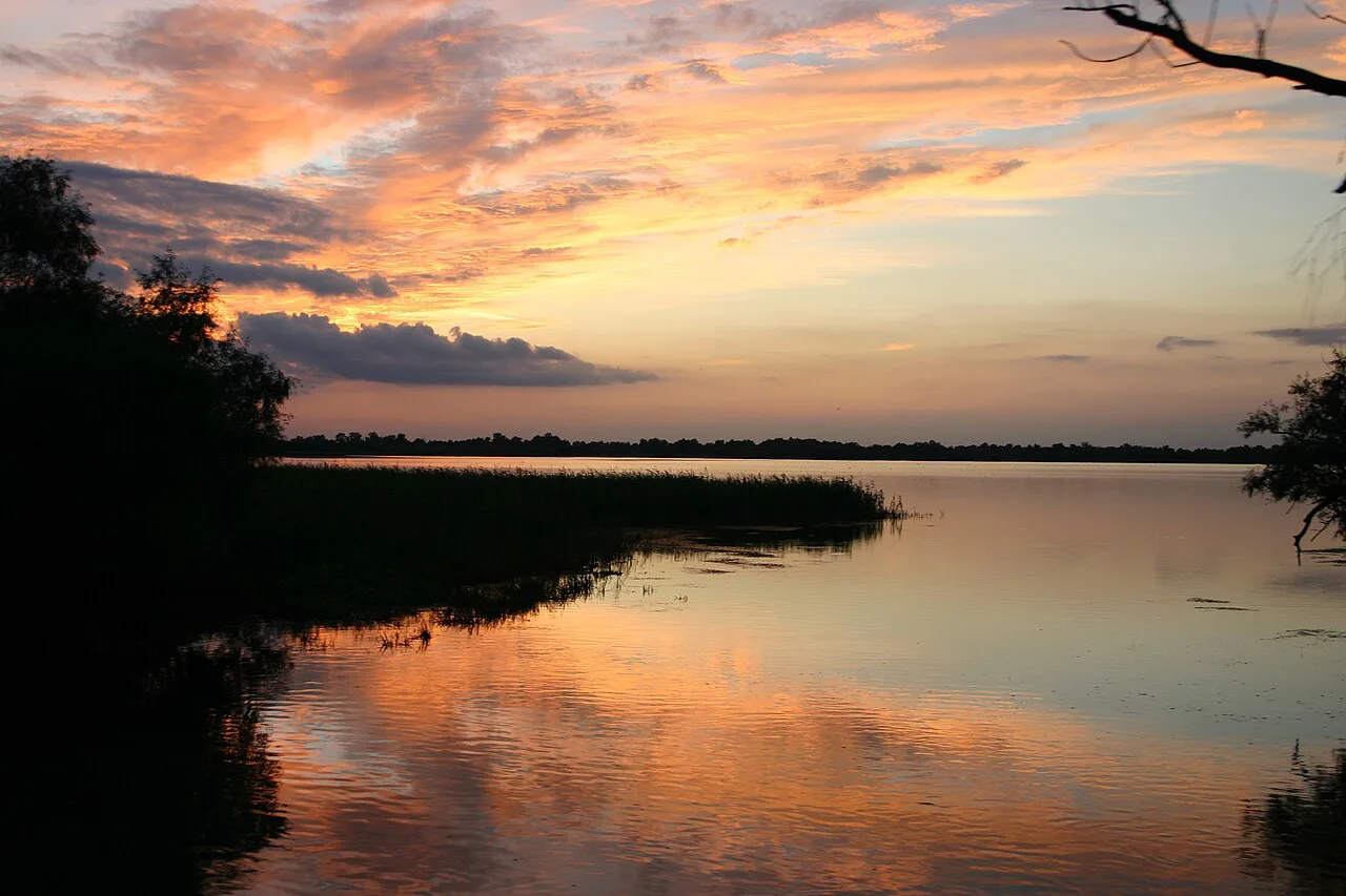 Sunset over a lake in the Danube Delta.