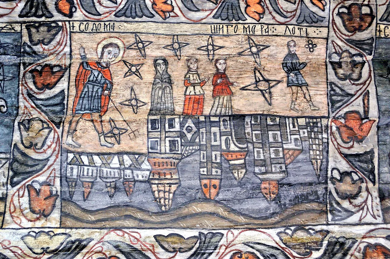 Painted murals inside the wooden church in Desești.