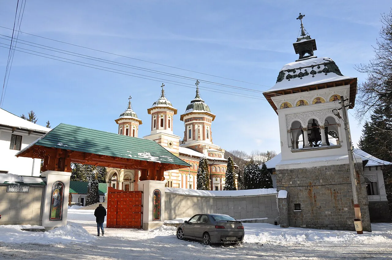 Sinaia Monastery and its bell tower in winter.