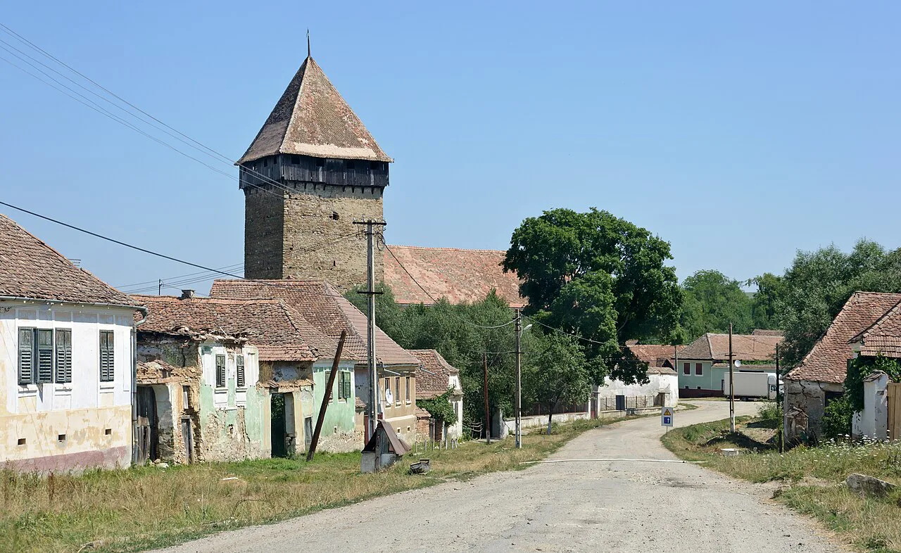 Fortified church tower in Bărcuț village, Brașov County.