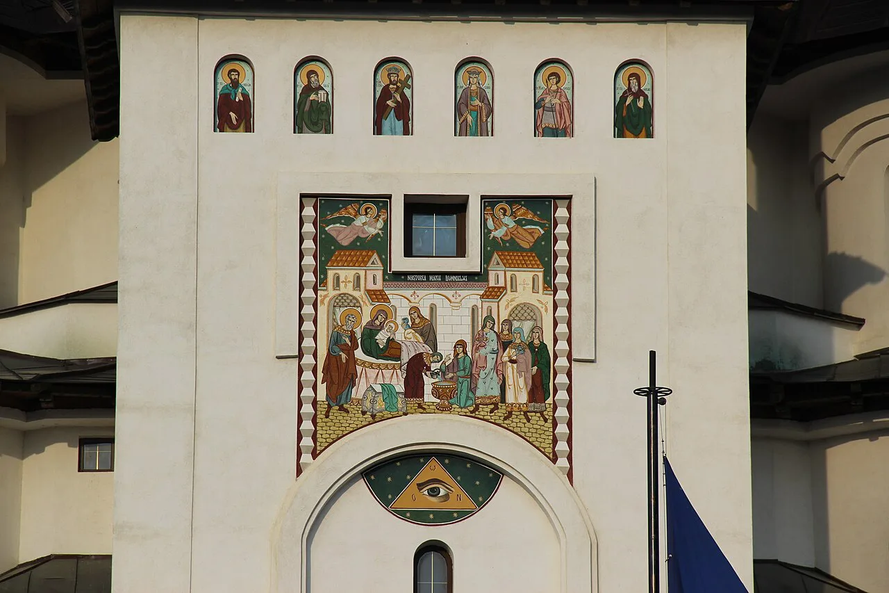 Mosaic-decorated façade of the Orthodox Cathedral of the Nativity of the Virgin Mary in Gura Humorului.