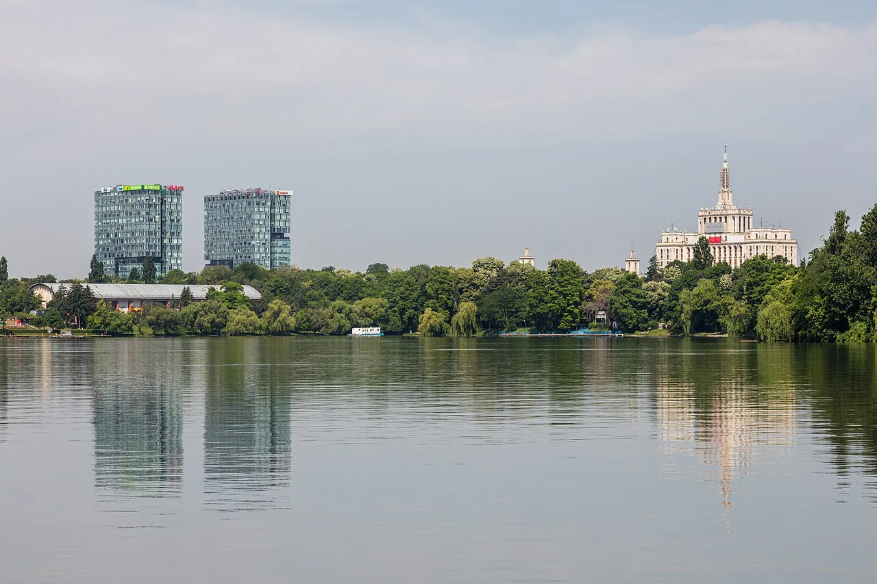Herăstrău Lake with the House of the Free Press beyond, Bucharest.