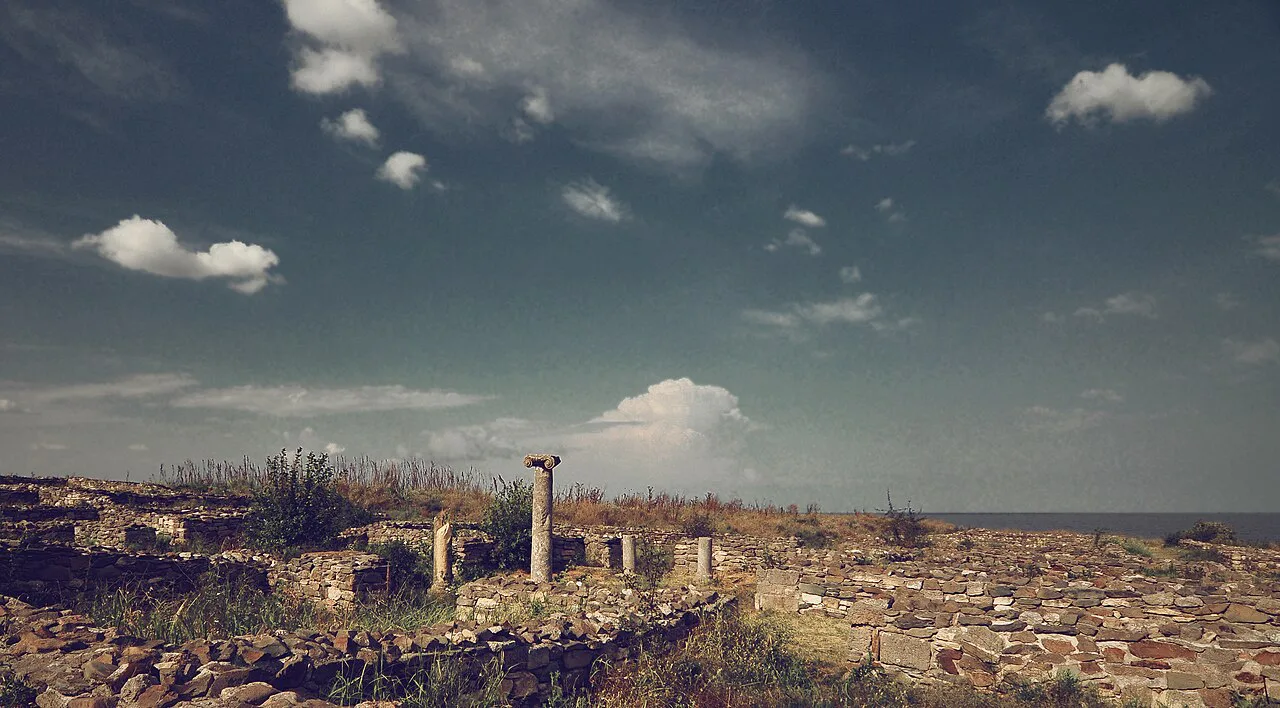 Restored Ionic column among the ruins of Histria.