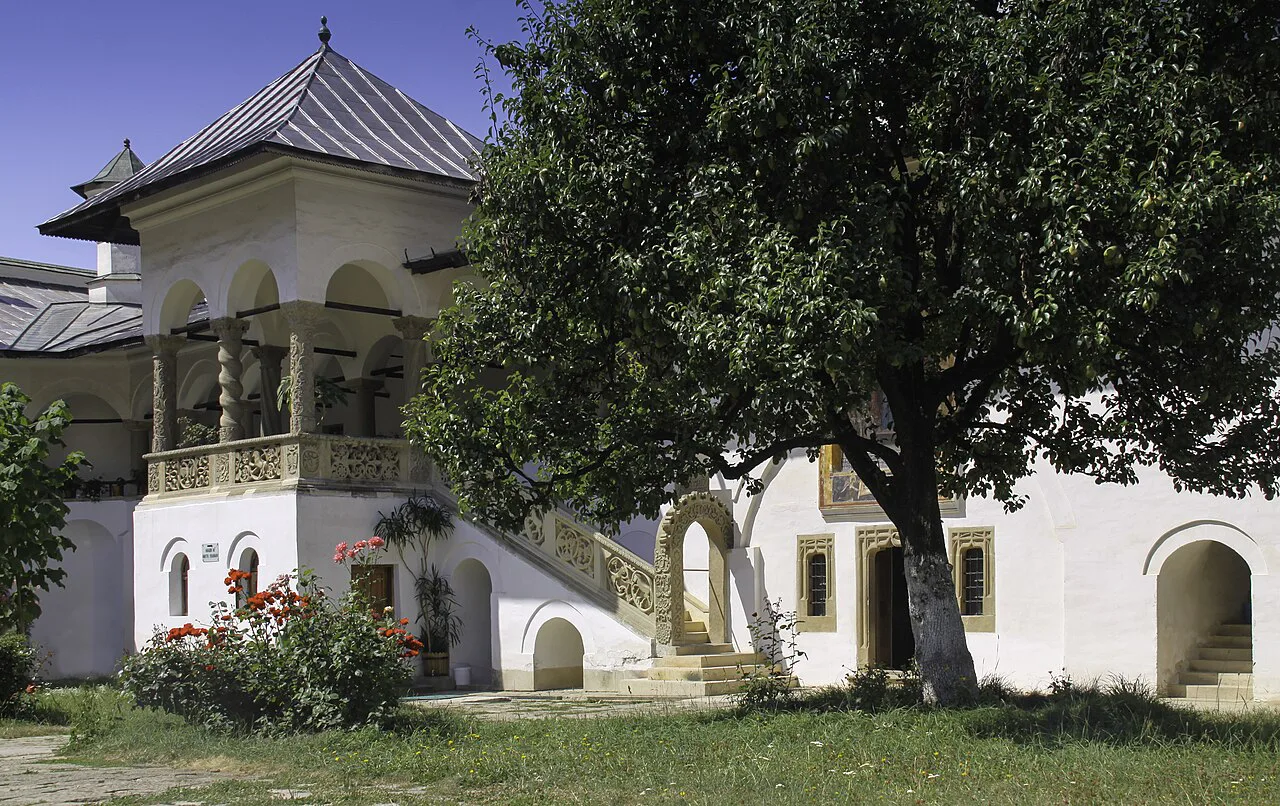 The veranda in front of the library at Horezu Monastery.