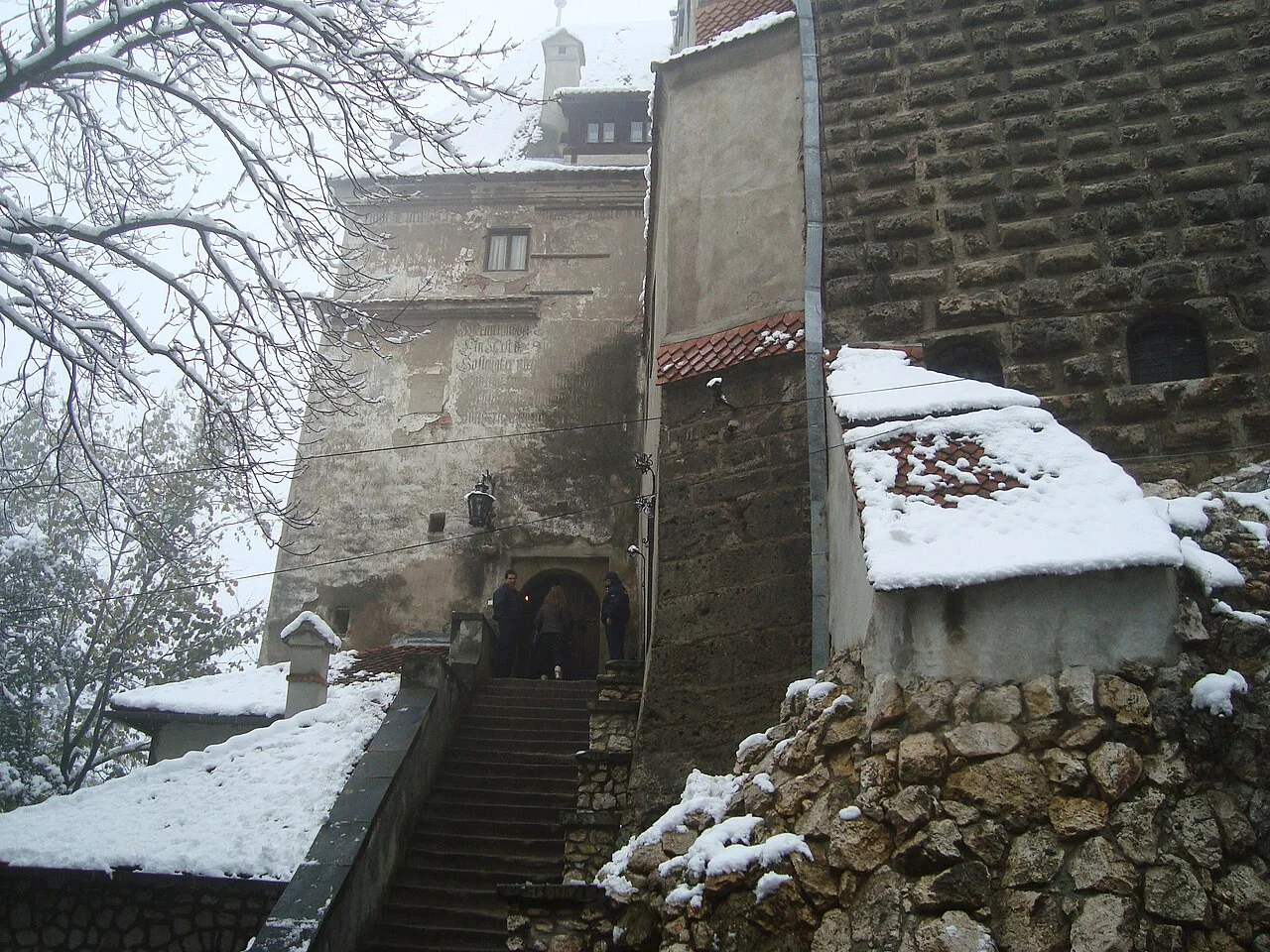 A snowy stairway at Bran Castle.