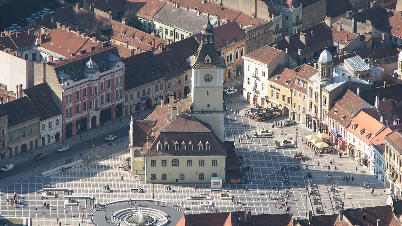 The Old Town Hall on Piața Sfatului, Brașov, seen from Tâmpa.