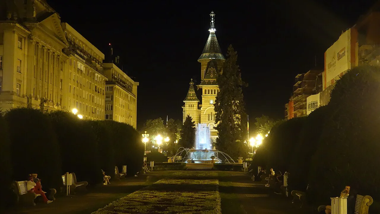 The Orthodox Cathedral at night, seen from the city centre, Timișoara.