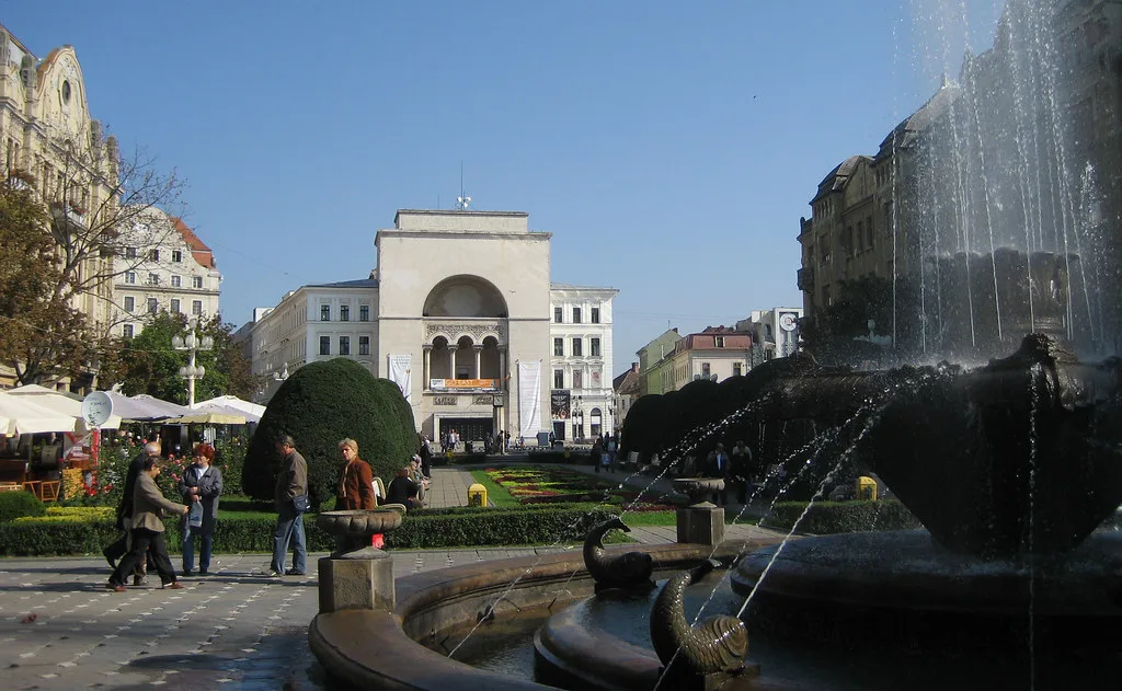 Piața Victoriei and the National Theatre in Timișoara.