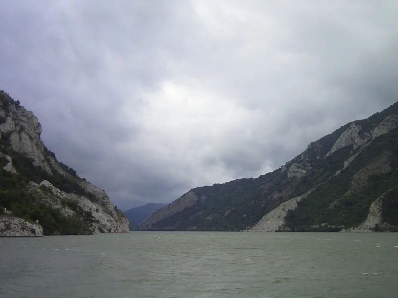The Danube between steep cliffs at the Iron Gates.