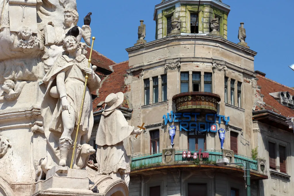 The statue of St Mary and St John of Nepomuk on Piața Libertății in Timișoara.