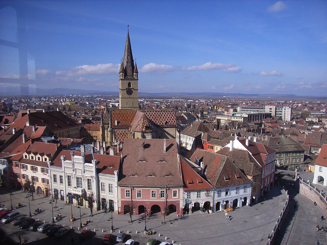 Piața Mică and the Evangelical Cathedral tower, Sibiu, from above.