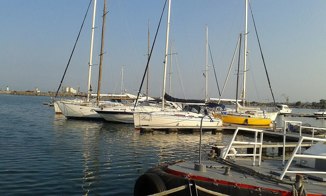 Yachts moored in the marina at Mangalia.