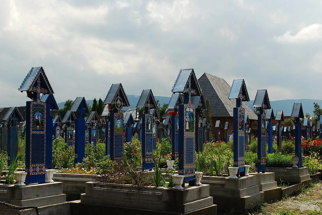 Rows of blue painted crosses in the Merry Cemetery, Săpânța.