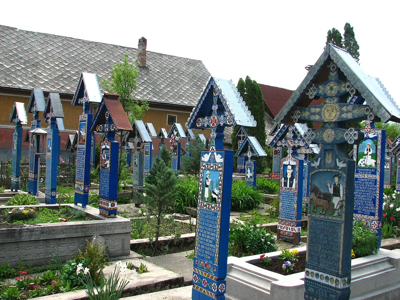 Painted blue crosses at the Merry Cemetery in Săpânța.