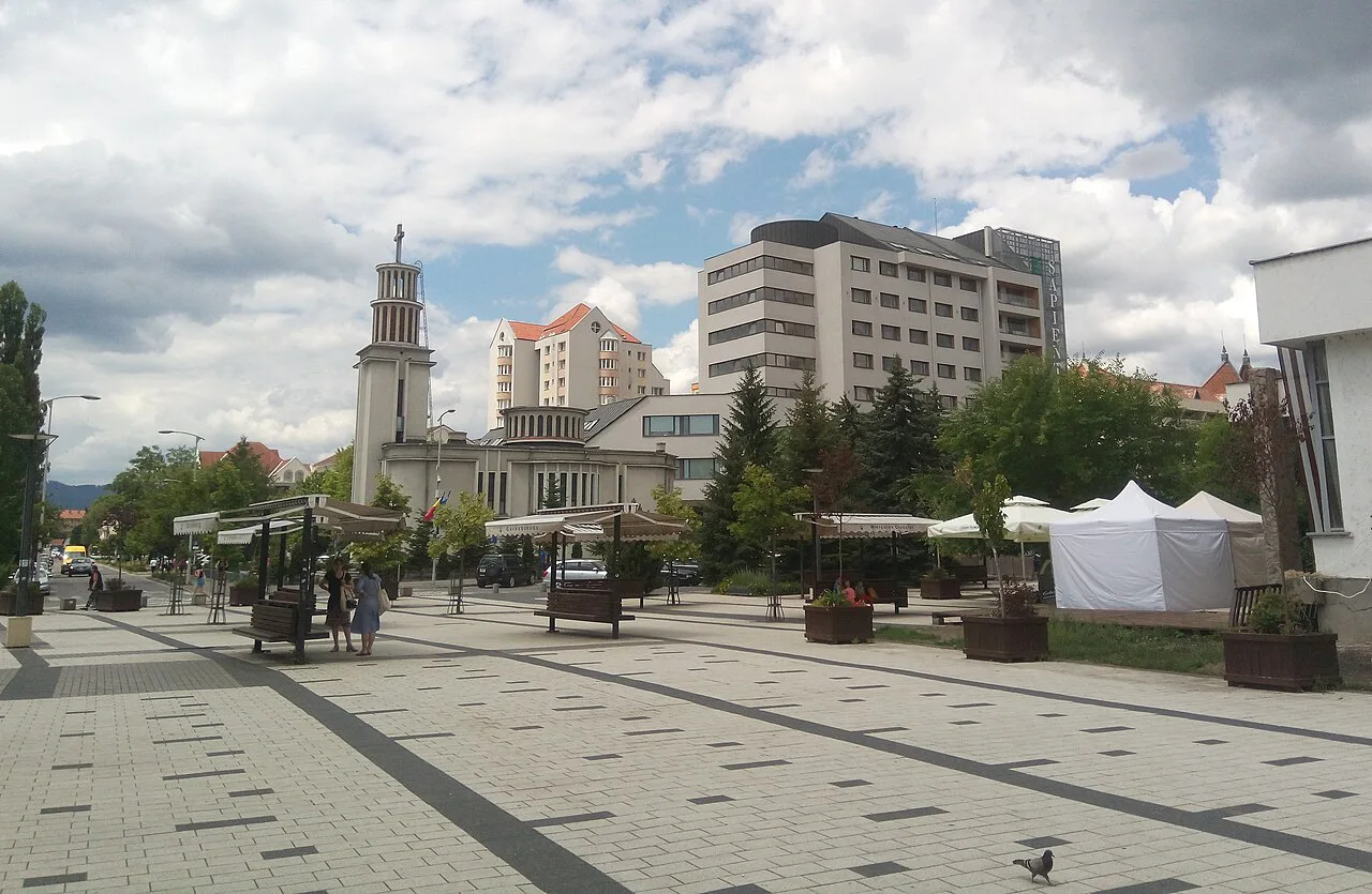Pedestrian square and church in central Miercurea Ciuc.