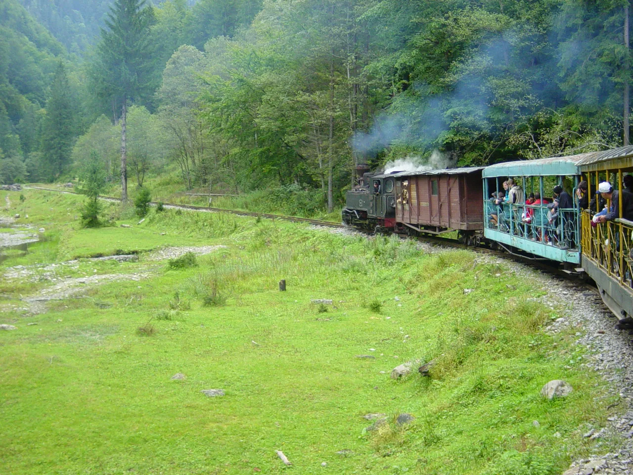 The Mocănița steam train carrying tourists through the Vaser Valley.