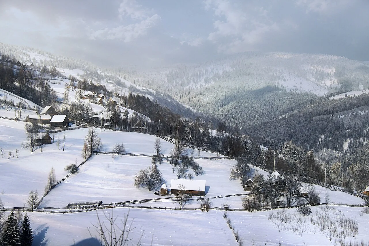 Snow-covered villages in the Apuseni Mountains.